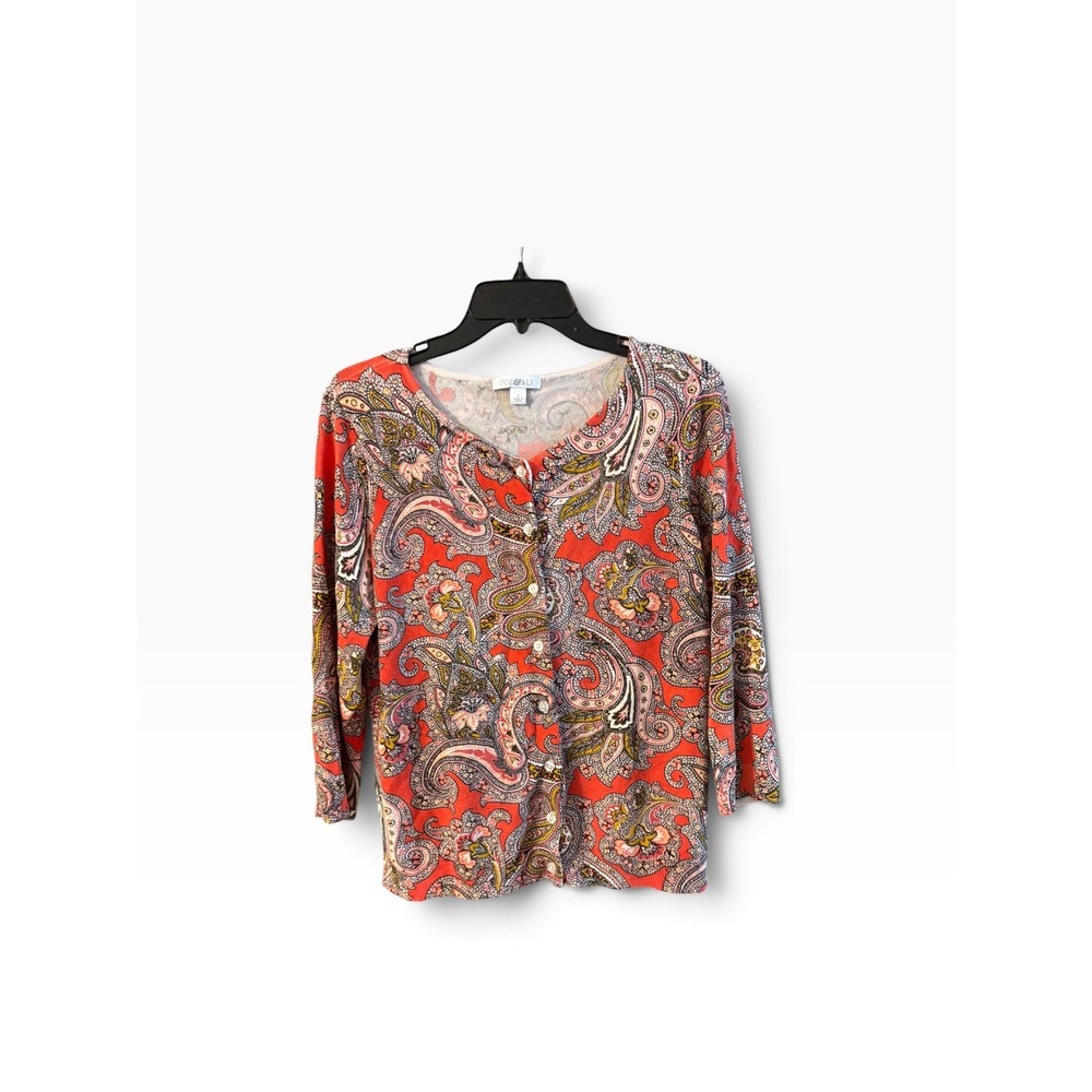 Roz & Ali Womens Coral Paisley Button Front Cardigan Sweater Size L 3/4 Sleeve